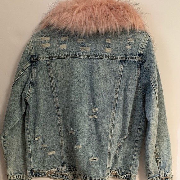 Honey Punch distressed denim jacket, pink fuax fur - Picture 4 of 4